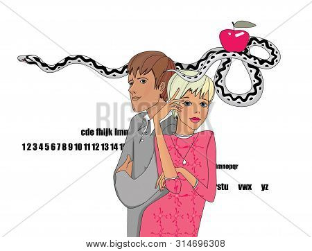 Blonde Girl, Her Beloved Man And The Serpent Tempter With The Apple Of Knowledge. Humorous Illustrat