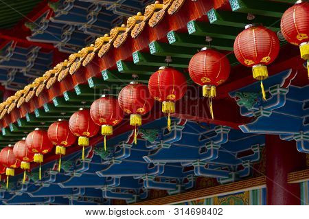 Many Chinese Lanterns Inside Of Thean Hou Temple In Kuala Lumpur, Malaysia.