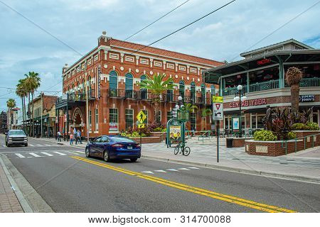 Tampa Bay, Florida. July 12, 2019  Panoramic View Of Centro Espanol Building On 7th Aveneu At Ybor C
