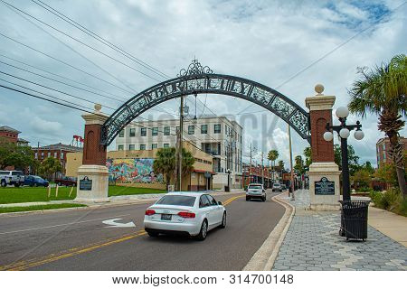 Tampa Bay, Florida. July 12, 2019  Ybor City Arch On 7th Aveneu In Historic District 2