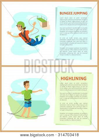 People With Hobbies Vector, Bungee Jumping Woman And Highlining Man With Stretched Hands, Balancing 