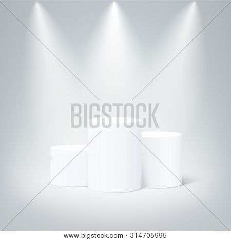 White Round Winners Podium. Vector Pedestal Illuminated Mockup Isolated On Gray Background. Champion