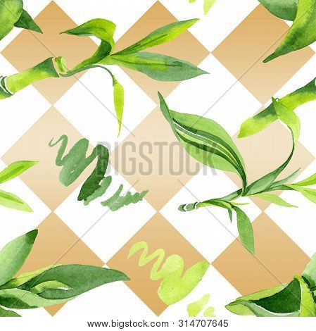 Bamboo Green Leaves. Watercolor Background Illustration Set. Seamless Background Pattern.