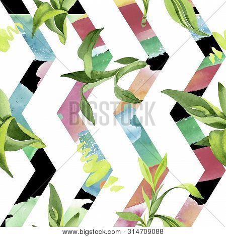 Bamboo Green Leaves. Watercolor Background Illustration Set. Seamless Background Pattern.