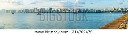 Sanya Town Evening Cityscape, View From Phoenix Island On Hainan Island In China