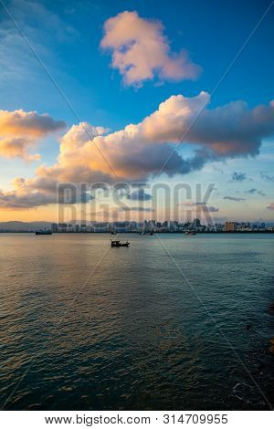 Sanya Town Evening Cityscape, View From Phoenix Island On Hainan Island In China