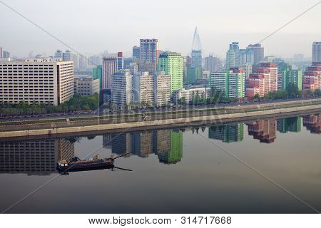 Pyongyang, North Korea -  April 30, 2019: Skyline And Taedong River In The Morning Fog. View On Mode