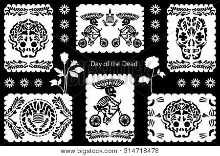 Paper Cut Flags With Festive Design Elements. Skulls, Sceletons And Floral Ornaments Inspired By Mex