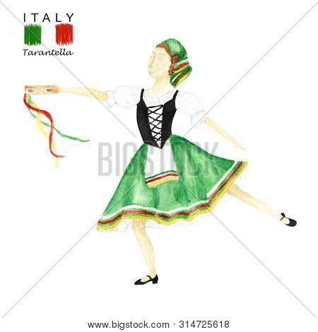Green National Costume Dancing An Italian Tarantella With A Tambourine On White Background. Woman Da