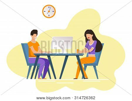 Guy And Girl Sit At Table. Man Typing Keyboard And Searching Friends Or Soul Mate On Computer. Woman