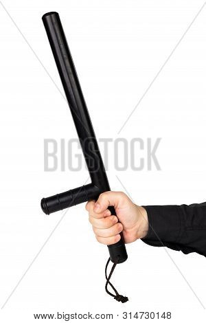 Hand In Black Shirt With Black Rubber Police Baton Isolated On White Background
