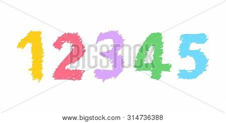 Hand Drawn Numbers 12345. Uppercase Modern Font And Typeface. Multicolored Symbols On White Backgrou