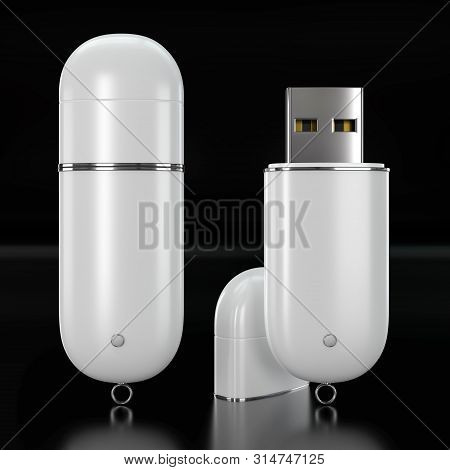 3d Render Illustration Of A Flashdrive Mockup On Black Background. Front View.