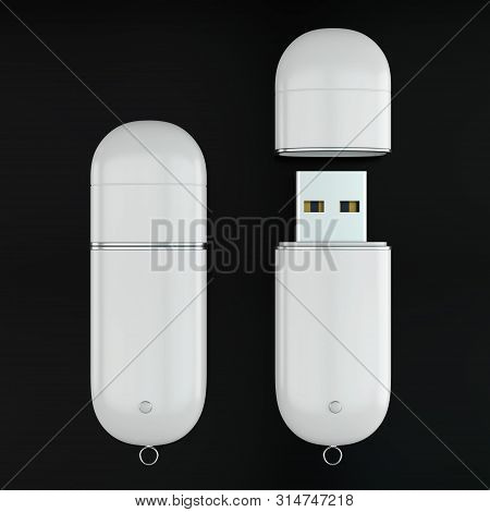 3d Render Illustration Of A Flashdrive Mockup On Black Background. Top View.