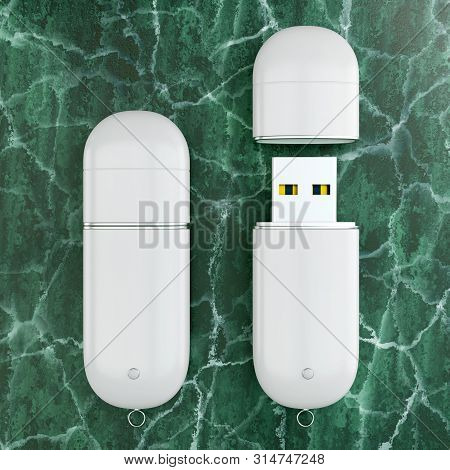 3d Render Illustration Of A Flashdrive Mockup On Green Marble Background. Top View.