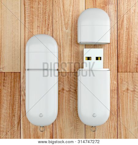 3d Render Illustration Of A Flashdrive Mockup On Wooden Background. Top View.