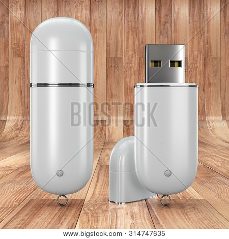 3d Render Illustration Of A Flashdrive Mockup On Wooden Background. Front View.