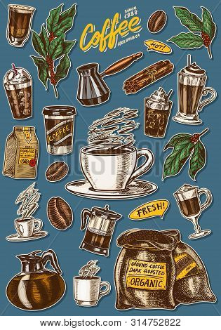 Coffee In Vintage Style. A Bag Of Grain, Cocoa Leaves, Cinnamon Sticks, A Cup And A Teapot, A Coffee