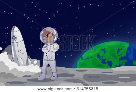 Astronaut Or Cosmonaut Standing On The Moon Alongside The Usa Flag With A Rocket In The Background. 
