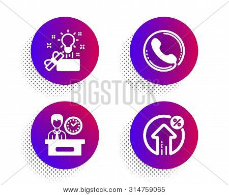 Call Center, Presentation Time And Creative Idea Icons Simple Set. Halftone Dots Button. Loan Percen