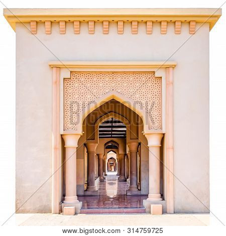 Beautiful Arch With Artistic Patterns And The Lengthy Corridor With Shining Floor. Isolated. From Mu
