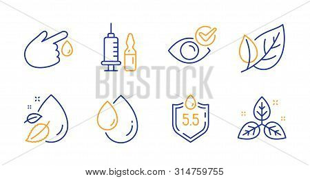 Oil Drop, Ph Neutral And Check Eye Line Icons Set. Medical Vaccination, Water Drop And Blood Donatio