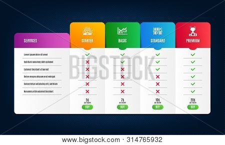 Parking Place, Financial Diagram And Arena Stadium Icons Simple Set. Price List, Pricing Table. Winn