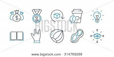 Set Of Business Icons, Such As Check Investment, Hazelnut, Idea, Book, Return Package, Peanut, Takea