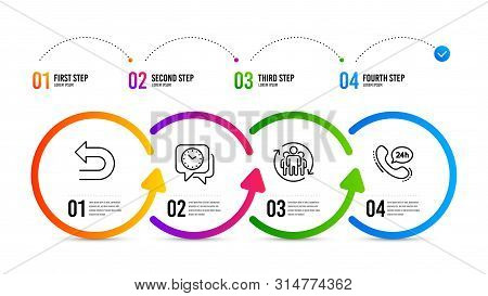 24h Service Sign. Infographics Timeline. Undo, Clock And Teamwork Line Icons Set. Left Turn, Time, E