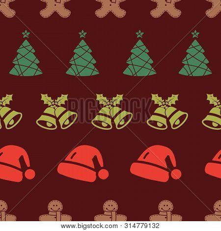 Vector Red Christmas Elements Horizontal Stripes Seamless Pattern Background