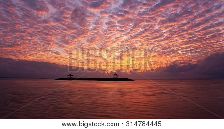 Sunrise Sunset Background. Amazing Dramatic Sunrise Sky View. Beach Nature Landscape Scenery With Be