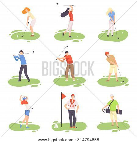 People Playing Golf Set, Male And Female Golfer Players Training With Golf Clubs On Course With Gree