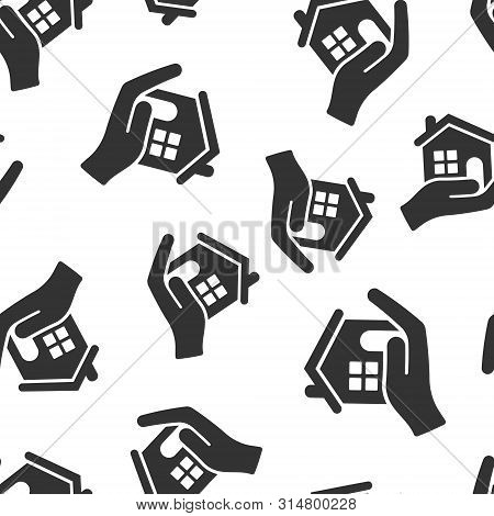 Home Care Icon Seamless Pattern Background. Hand Hold House Vector Illustration On White Isolated Ba