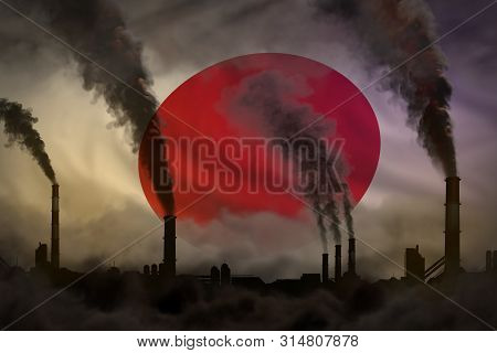 Dark Pollution, Fight Against Climate Change Concept - Factory Chimneys Heavy Smoke On Japan Flag Ba