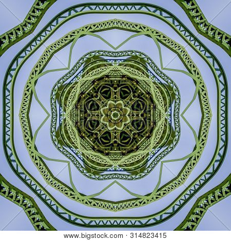 Square Frame Circular Green Metal Bars Design Created Using Reflections In A Rounded Shape From A Br