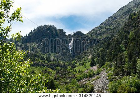 Landscape With Waterfall In The Mountains In Summer At Parc Natural Del Comapedrosa, Arinsal, Andorr
