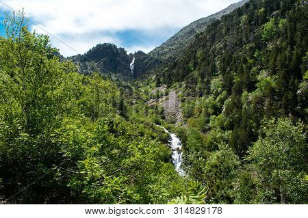 Landscape With Waterfall In The Mountains In Summer At Parc Natural Del Comapedrosa, Arinsal, Andorr
