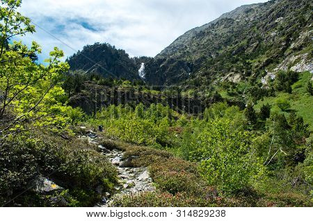 Landscape With Waterfall In The Mountains In Summer At Parc Natural Del Comapedrosa, Arinsal, Andorr