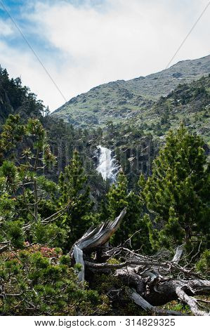 Landscape With Waterfall In The Mountains In Summer At Parc Natural Del Comapedrosa, Arinsal, Andorr