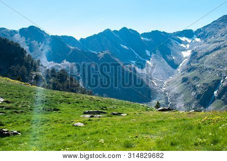 Beautiful Landscape Mountains In Summer At Parc Natural Del Comapedrosa, Andorra