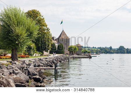 Rolle, Switzerland - July 25 2018: Beautiful Promenade Along Lake Leman (geneva Lake) Waterfront Wit