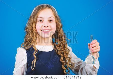 Small Girl Scientist With Testing Flask. Child Study Bilogy Lesson. Science Research In Lab. Small S