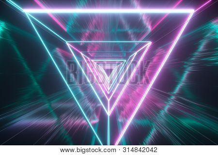 Flying Through Glowing Neon Triangles Creating A Tunnel With Grunge Reflection, Fluorescent Ultravio