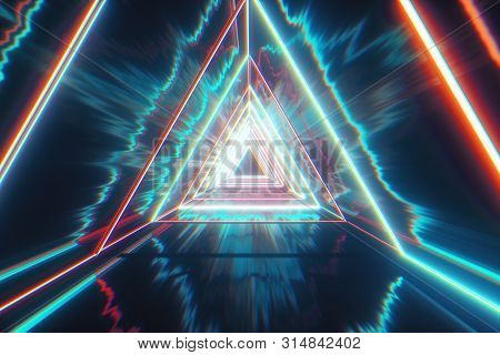 Flying Through Glowing Neon Triangles Creating A Tunnel With Grunge Reflection, Blue Red Spectrum, F