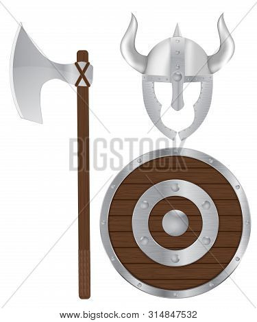 Warrior Equipment - Shield, Axe And Helmet. Vector 3d Illustration Isolated On White Background