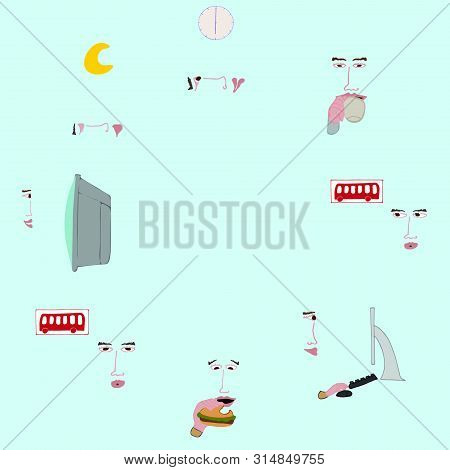 Hand Illustration Of Daily Faces On Circle Wise Clock Direction On Heavenly Background. Poster, Card