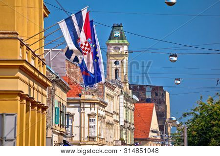 Osijek Colorful Street And Landmarks View, Slavonija Region Of Croatia