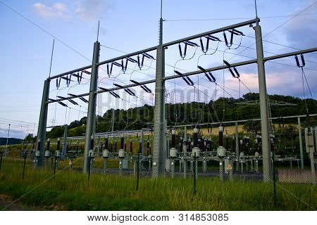 Power Transformer In High Voltage Switchyard In Modern Electrical Substation In Hesse, Germany