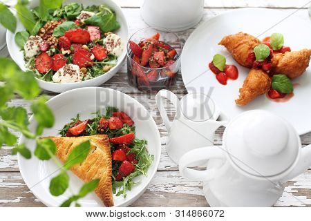 Strawberry Menu. Puff Pastry With Ricotta, Arugula Curd And Strawberry Salad, Strawberries In Balsam