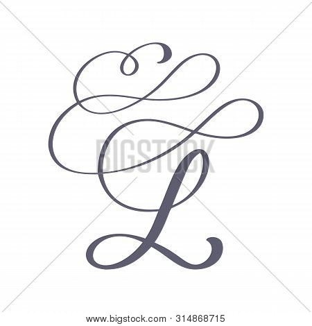 Vector Hand Drawn Calligraphic Floral L Monogram Or Logo. Uppercase Hand Lettering Letter L With Swi